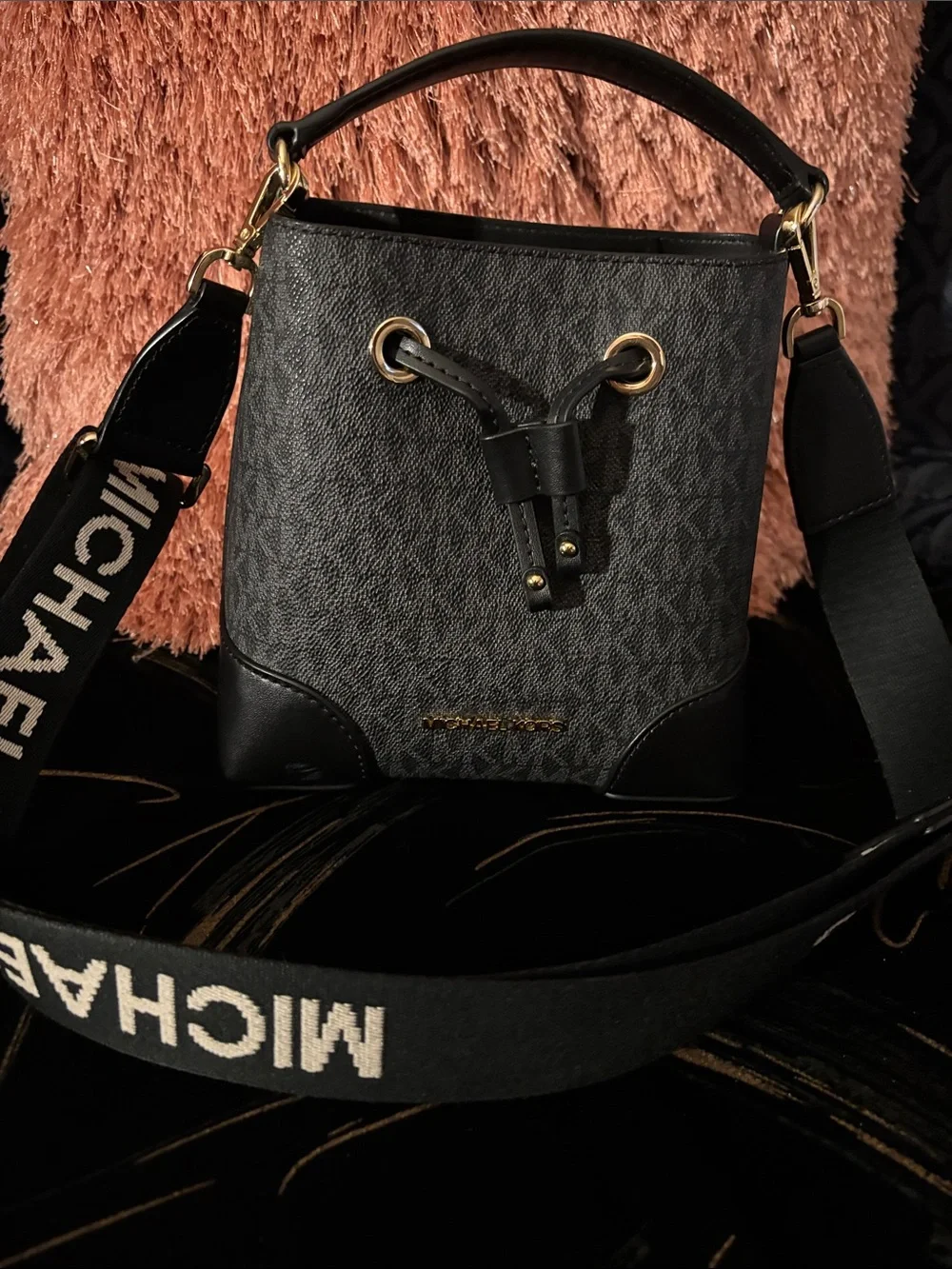 Michael Kors Black Signature Mini Bucket Bag with Branded Strap